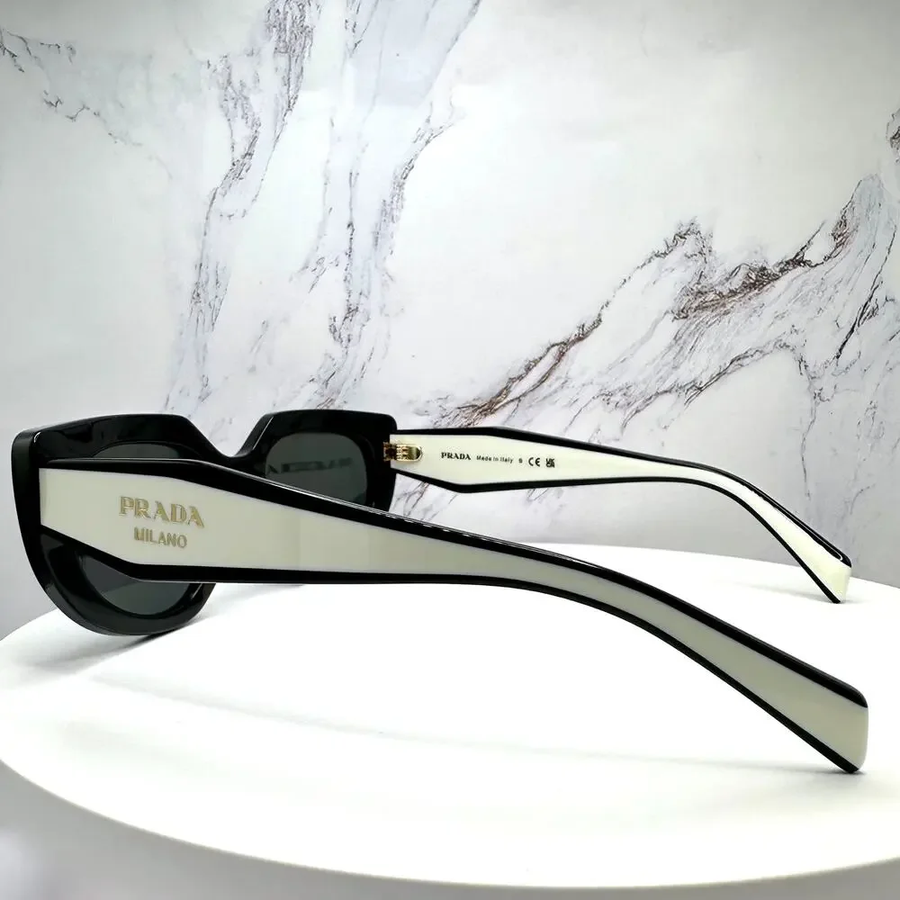 New PRADA Sunglasses Black White Talc Gold Symbole Oval Cat Eye Womens - Picture 16 of 16